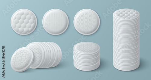 Set of realistic cotton pads with various textures - round discs stacked or single. 3d soft sponge with embossed surface. Essential cosmetic accessories for makeup removal, skincare routine mockup.