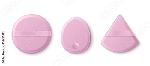 Set of pink makeup sponge blenders - round, teardrop and cone shapes for foundation and powder application. Soft pastel cosmetic tools with smooth matte surface. 3d beauty accessories mockup.