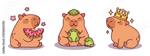 Adorable capybara characters in cartoon style - eating watermelon, sitting with frog friend, wearing crown. Cute chubby brown rodents with sparkly eyes and smiling faces. Kawaii animal mascots set.