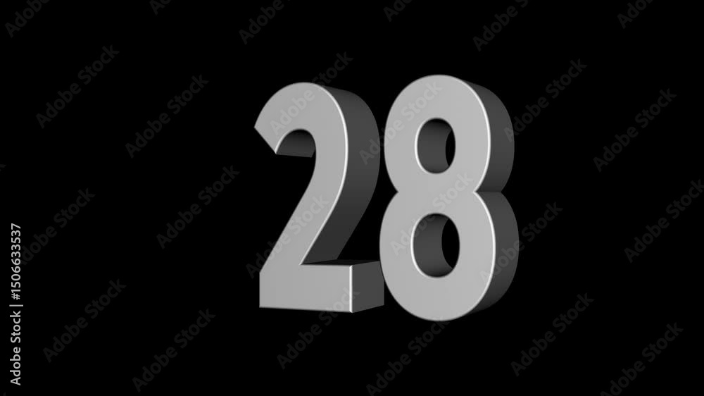 28th countdown concept on the transparent background.3d Shiny metallic countdown sequence with rotating numbers 28. countdown timer animation. Motion graphics of 28. 4k video animation.