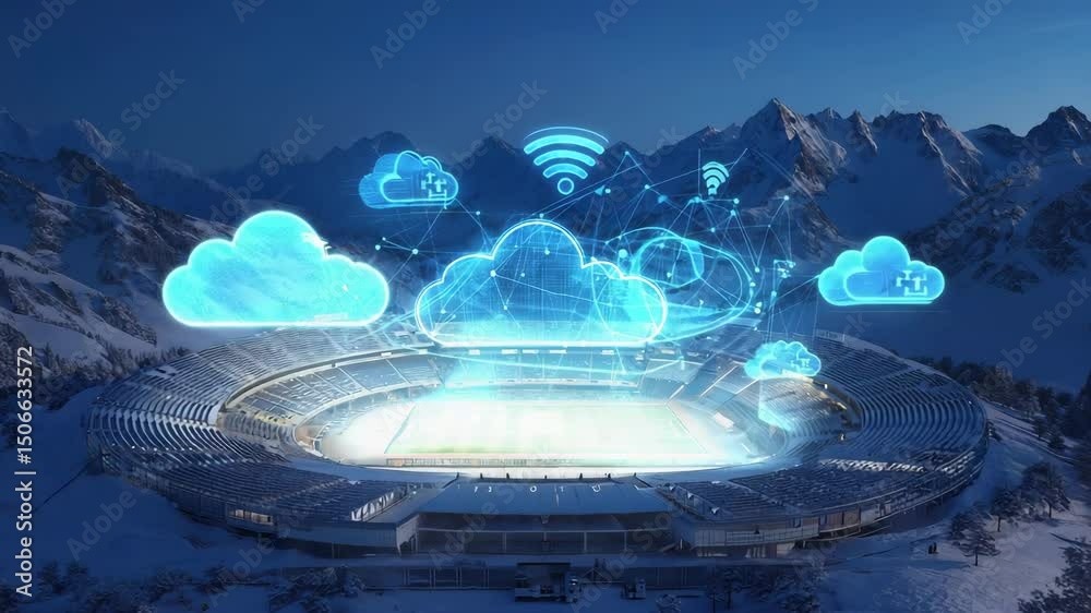 Drone flyover of a snow-covered stadium in the mountains at night, with digital cloud icons and network signals floating above in a sci-fi style overlay