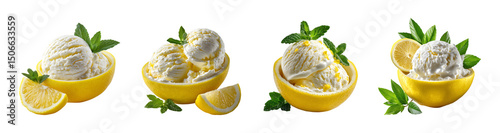 four variations set of Lemon ice cream in a halved lemon on a transparent background
