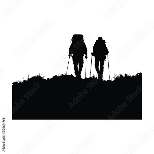 Two backpackers trekking through mountain isolated vector black silhouette