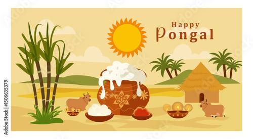 Abundant Happy Pongal Illustration with Traditional Pots and Sugarcane-02