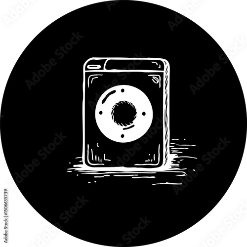 Stylized audio speaker illustration on a sleek black circular background design
