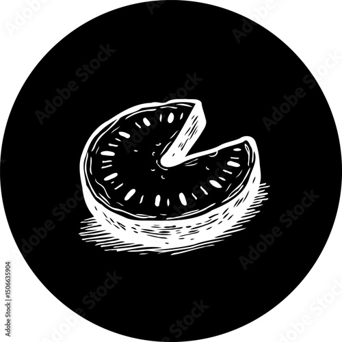 Stylized representation of a circular food item with a missing portion art