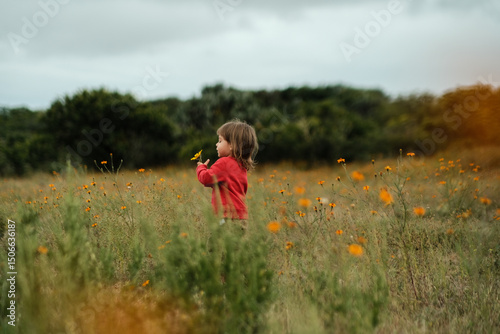 Young Boy collecting wildflowers on overcast day
