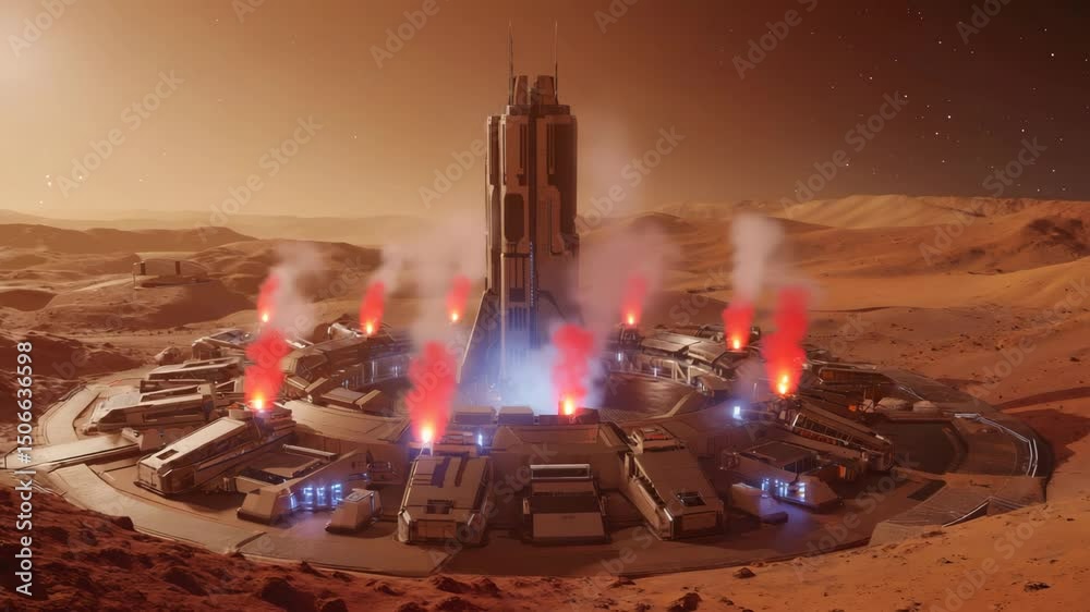 Night aerial view of a cutting-edge geothermal research base on another planet (Mars-inspired), with domed energy hubs, glowing red steam vents, and robotic units monitoring the ground