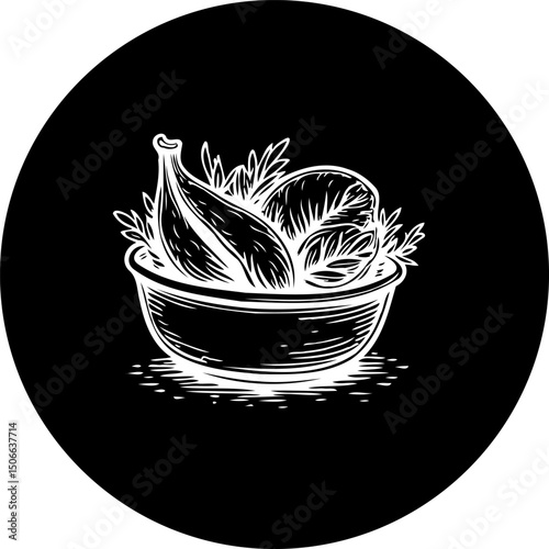Monochrome vegetable bowl design showcasing fresh produce in a graphic style