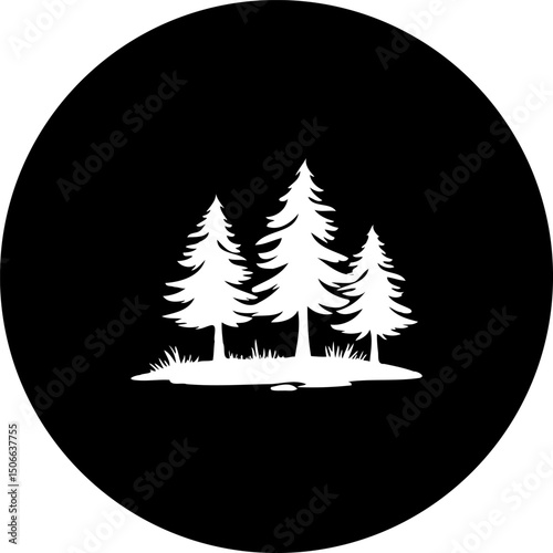 Elegant woodland silhouette art featuring coniferous trees in a circular emblem