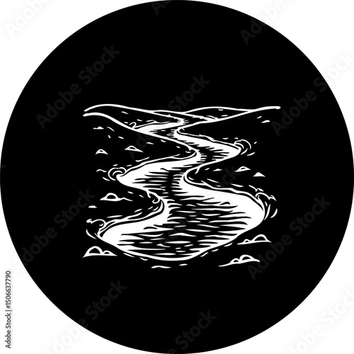 Stylized river illustration within a dark circular frame evoking serenity