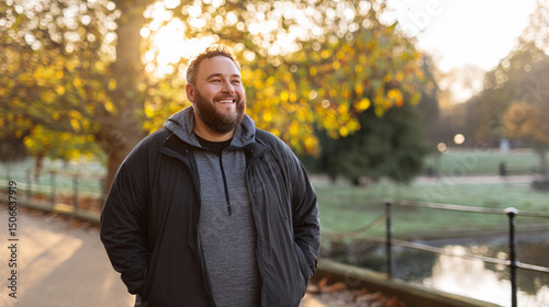 Portrait of a man with obesity smiling while on a walk in the park, dressed in sportswear