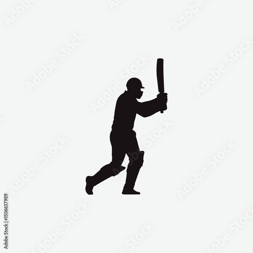 Cricket Batsman Silhouette Vector – Dynamic Mid-Swing Pose with Ball and Motion Lines on White Background