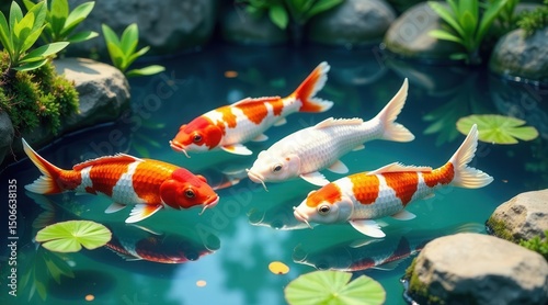 Serene aquatic life vibrant koi fish gracefully swim in a tranquil pond, surrounded by lush greenery and smooth stones.