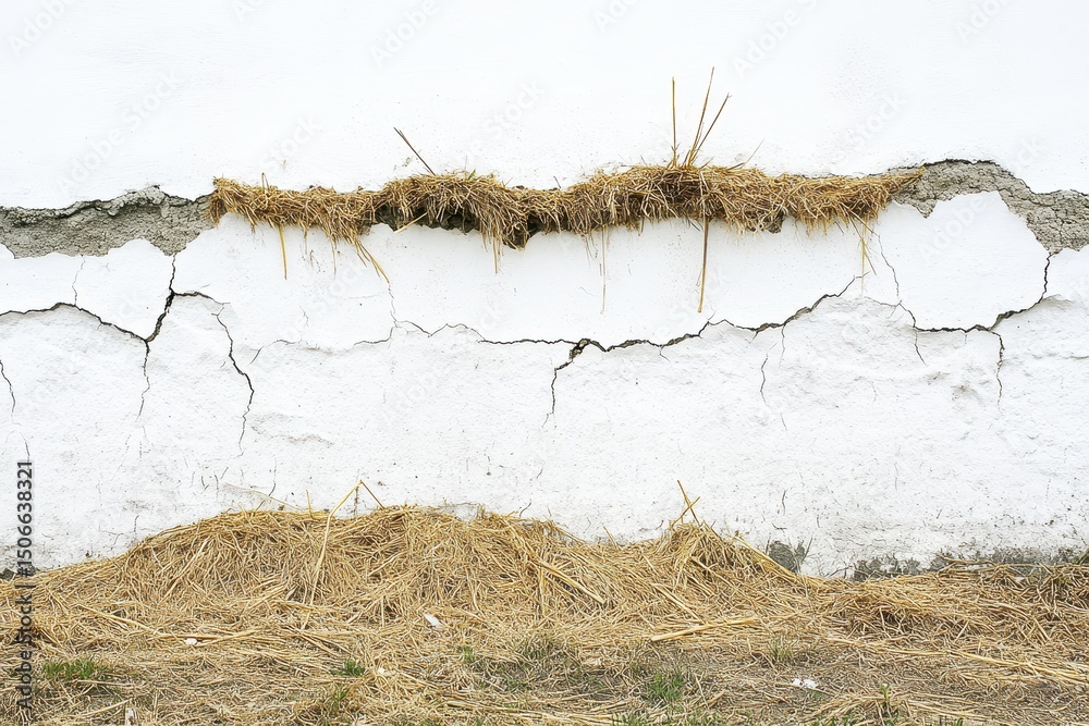 Fototapeta premium Whitewashed wall with extensive cracking, showing age and weathering. Dry straw and grass are piled at its base