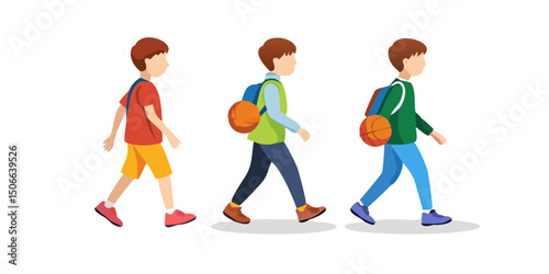boys with sports bags and a basketball walking together in the street isolated on transparent background.Three kids walking to school with backpacks and basketballs.