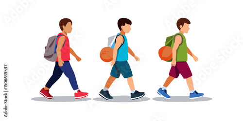 boys with sports bags and a basketball walking together in the street isolated on transparent background.Three kids walking to school with backpacks and basketballs.