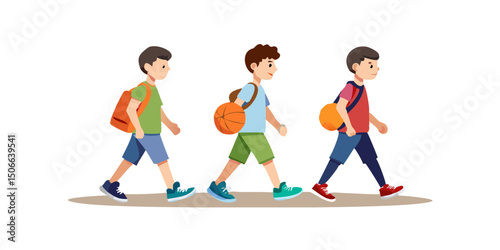 boys with sports bags and a basketball walking together in the street isolated on transparent background.Three kids walking to school with backpacks and basketballs.