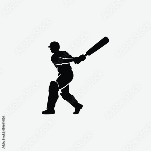 Cricket Batsman Silhouette Vector – Dynamic Mid-Swing Pose with Ball and Motion Lines on White Background