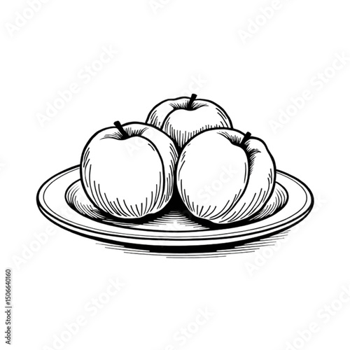 Illustration of a sketch of a plate with three peaches on a simple background