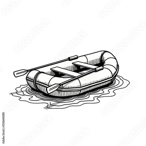 Illustration of an inflatable boat with oars floating on water in a sketch style