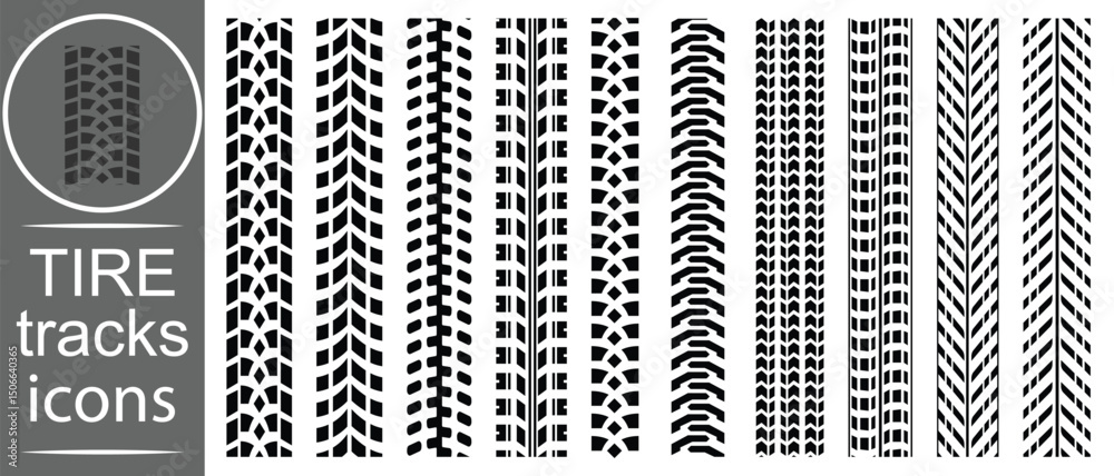 Fototapeta premium Tire tracks icon set. Tire track mark icon vector set Silhouette. Car wheel tires track footprints, vehicles tires footprints, tires track set, tread brushes, wheel treads, vector illustration.