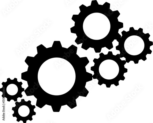 Gears in black silhouette arranged in varying sizes and positions  