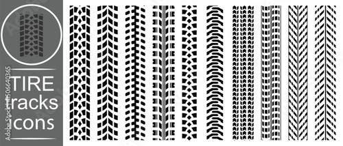 Tire tracks icon set. Tire track mark icon vector set Silhouette. Car wheel tires track footprints, vehicles tires footprints, tires track set, tread brushes, wheel treads, vector illustration.