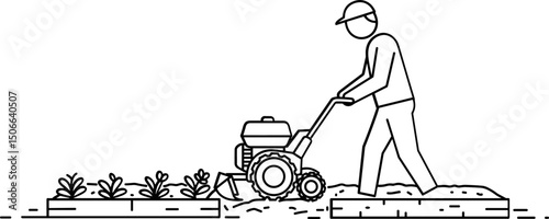 Farmer using tiller to cultivate garden plants in backyard  