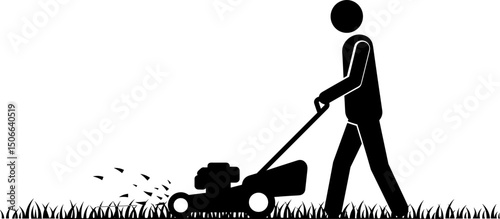 Man mowing grass with lawn mower in a garden setting  