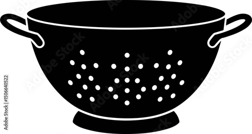 Black colander with holes on base and handles for straining food  
