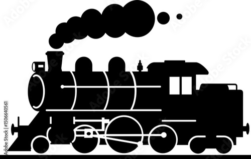 Vintage steam locomotive silhouette with smoke against white background  