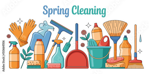 Collection of Cleaning Supplies with "Spring Cleaning" Text