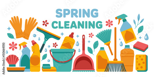 Collection of Cleaning Supplies with "Spring Cleaning" Text
