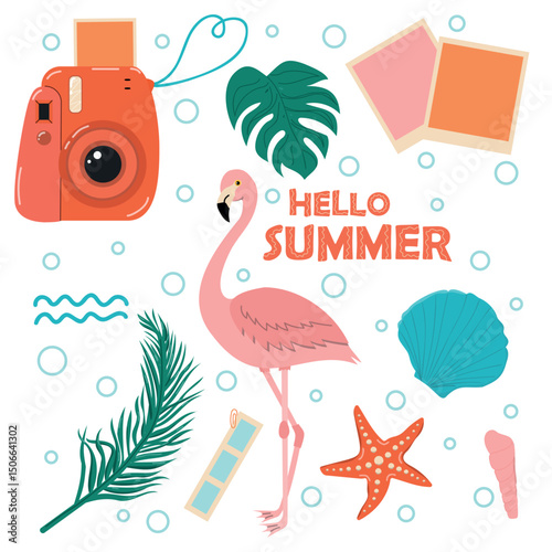 Hand drawn summer elements collection. Summer graphic element colorful clip art like flamingo, starfish, shell. Vector illustration