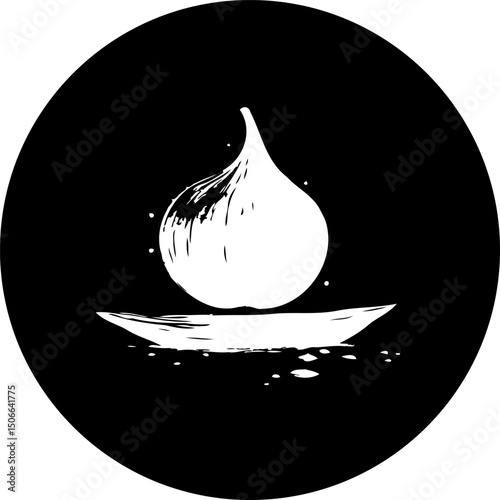 Minimalist graphic featuring a stylized fig on a platter in monochrome style