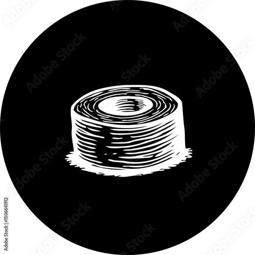Monochromatic woodcut illustration of stacked discs on a solid black background