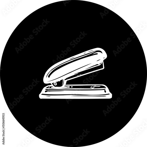 Striking monochrome stapler illustration against solid circular backdrop design