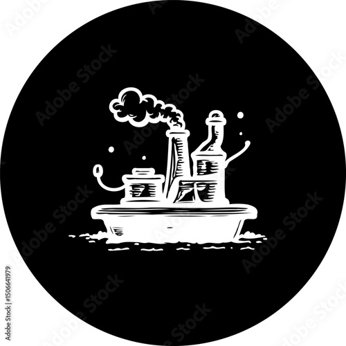 A stylized industrial illustration depicting a vessel emitting smoke isolated