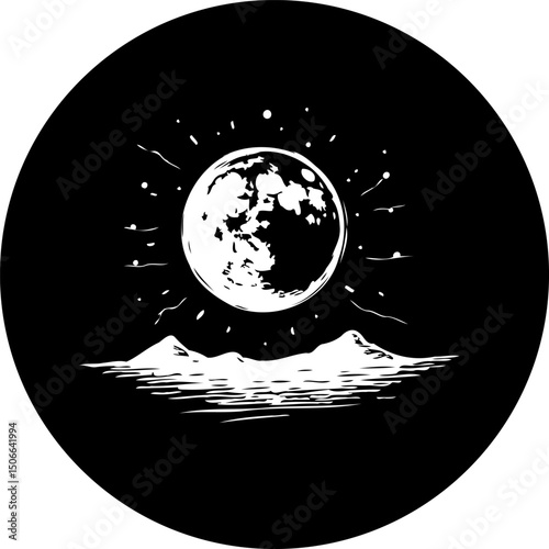 Monochromatic celestial landscape featuring the lunar orb with mountain silhouette