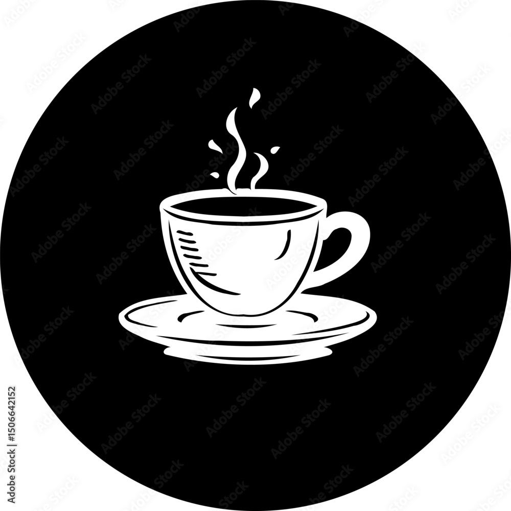 Elegant depiction of steaming coffee cup against a stark black circle background Elegant depiction of steaming coffee cup against a stark black circle background