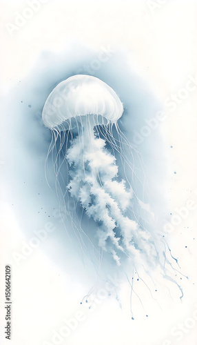 Abstract blue jellyfish with flowing tentacles on a serene white background, perfect for calm digital art, aquatic themes, or minimalist decor.