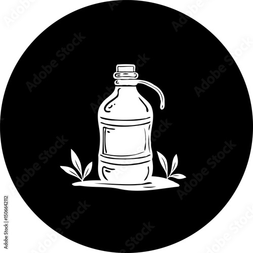 Stylized illustration of a bottle with handle surrounded by vegetation on black background