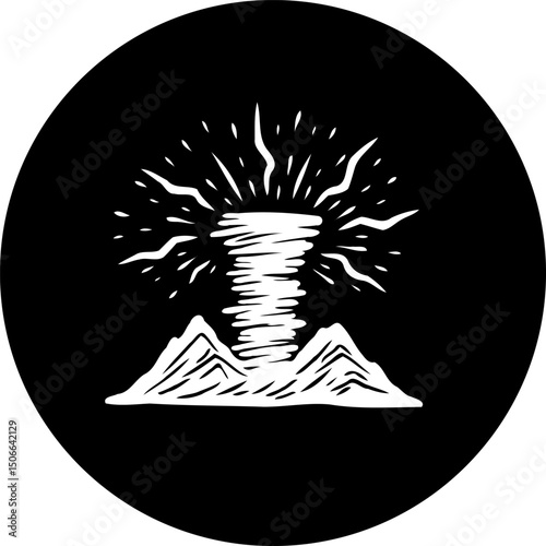 Monochrome Atmospheric Vortex Ascent Illustration in a Circular Black Frame