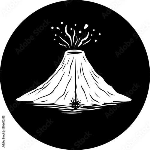 Stylized monochrome volcano eruption emblem set against a dark circular background