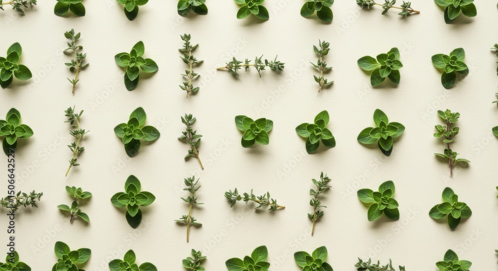 Fototapeta premium A delicate thyme and oregano pattern fresh herbs on a light surface