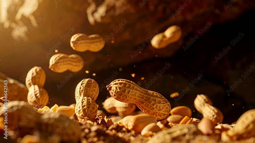Flying peanuts with shells and kernels amidst a golden, hazy light