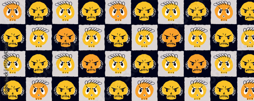 Halloween Checkerboard Pattern with Angry Skull Faces in Quirky Style. Grungy and playful design with expressive Halloween icons in warm yellow and orange hues, ideal for kids apparel, prints, fashion