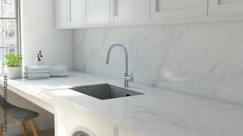 Laundry room in custom luxury home with sink, workspace desk, quartz countertops, and matching backsplash, bright and modern design Laundry room in custom luxury home with sink, workspace desk, quartz countertops, and matching backsplash, bright and modern design