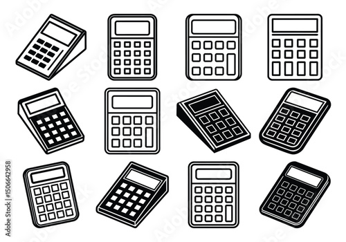 Set of bold line calculators in isometric and flat styles for tech illustrations.